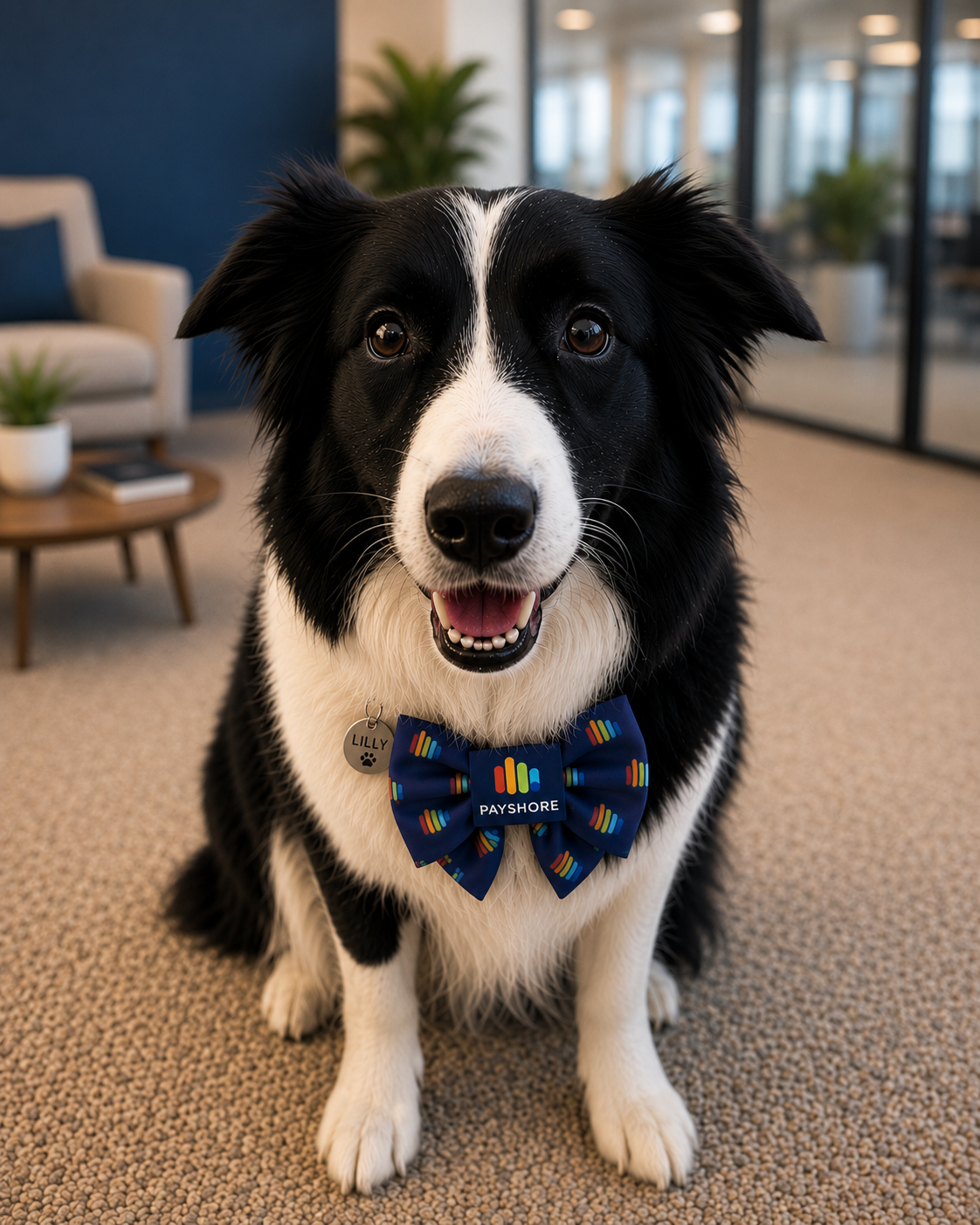 Lilly, the office border collie, wearing a navy PayShore bow tie